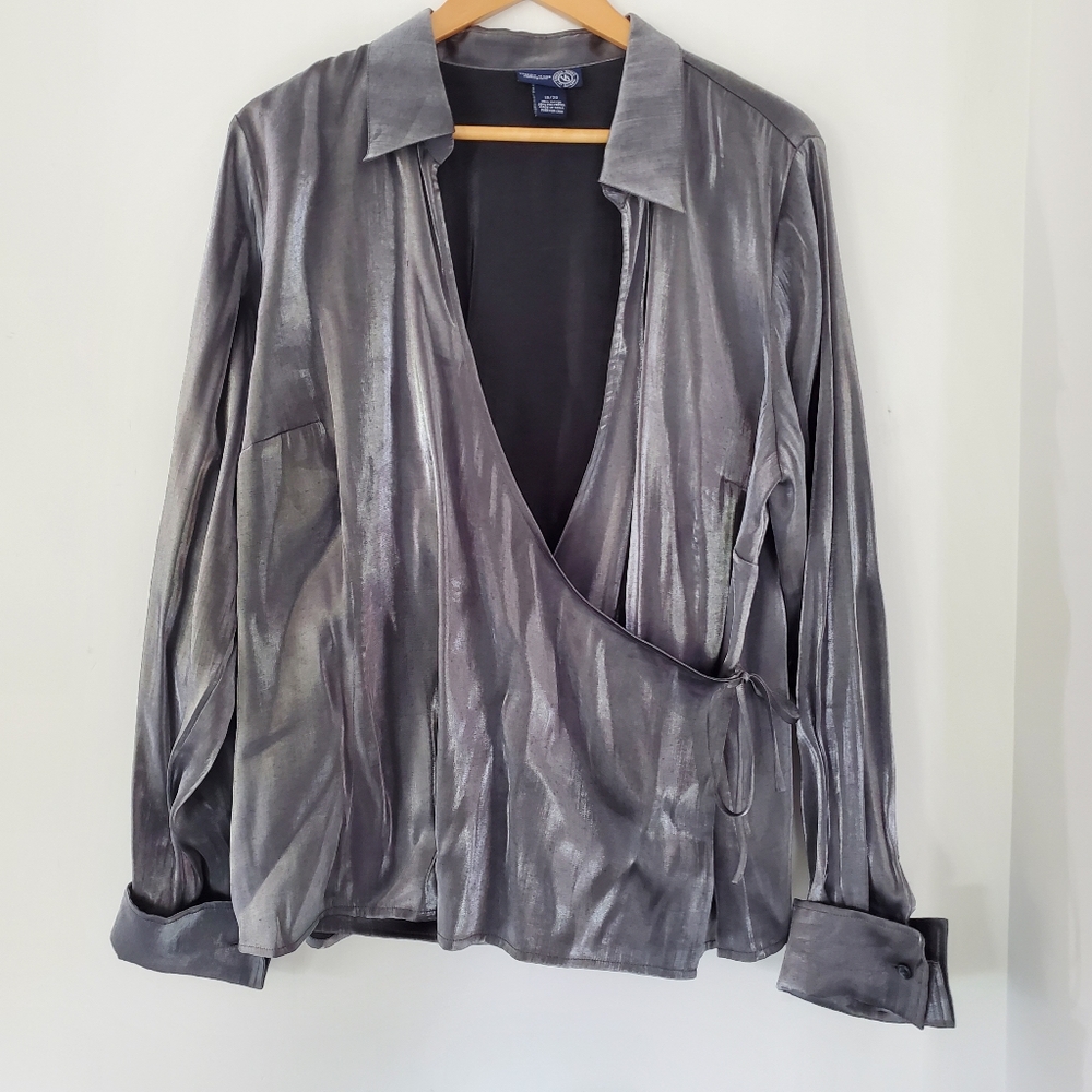 VTG 90s Venezia 18/20 Shimmer Silver Surplice Wrap Top LS Collar Side Tie V-Neck